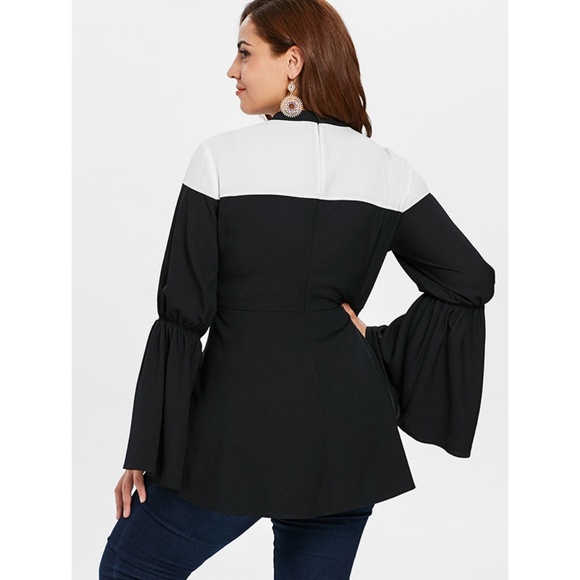 Black & White Plus Size Jewel Neck Power Blouse - Picture 3 of 7